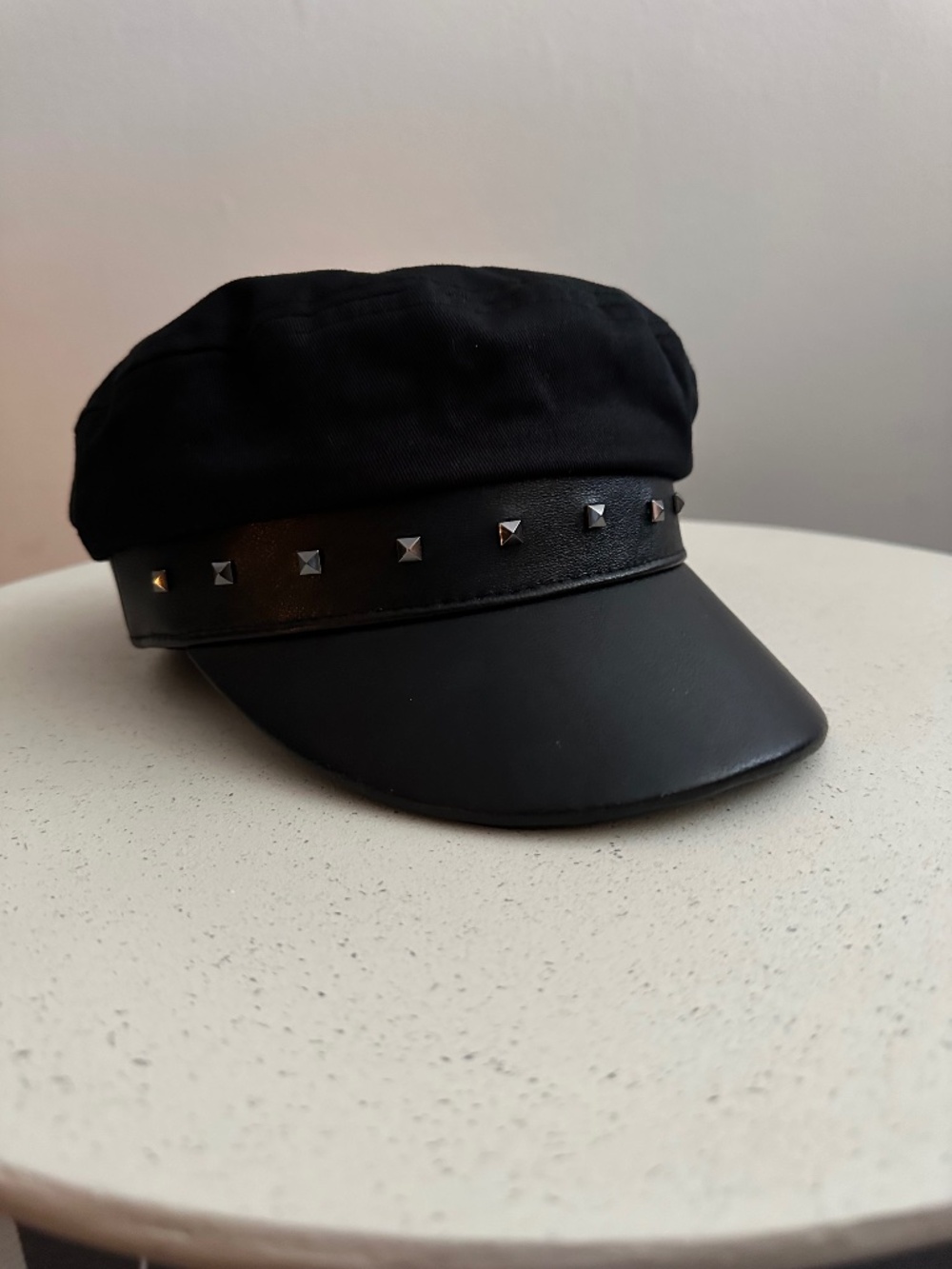 Harley Davidson Black leather newsboy cap with silver studs